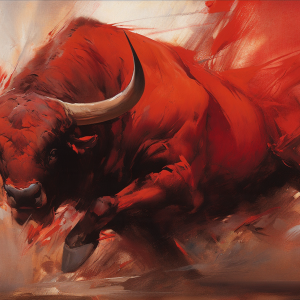 Stier in Rot – KI-Leinwanddruck 180 cm x 100 cm von Nes Ham